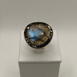 Joya Sterling Silver Gold Plated Labradorite Black Deco Diamond Ring Size 8
